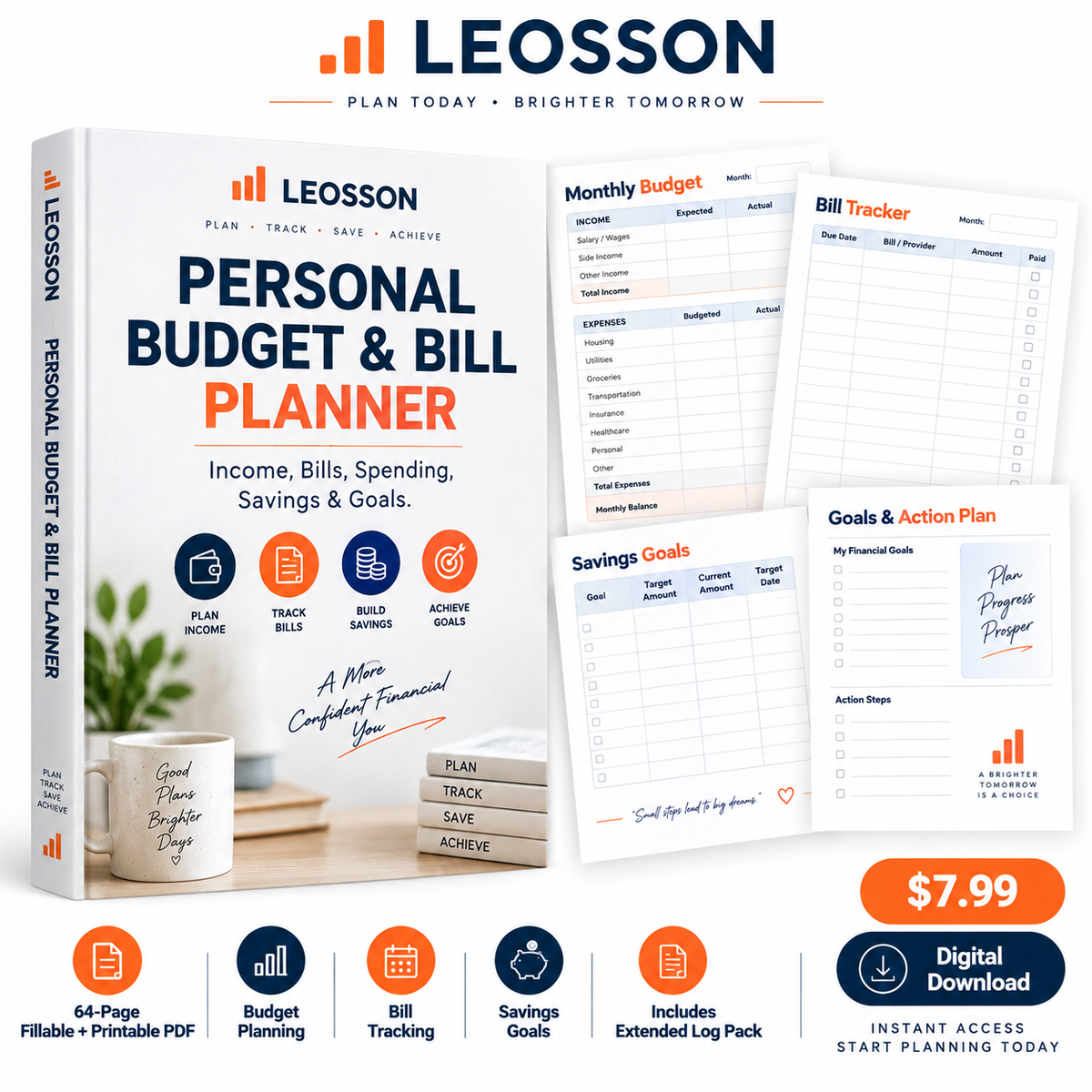LEOSSON Personal Budget & Bill Planner: Income, Bills, Spending, Savings & Goals