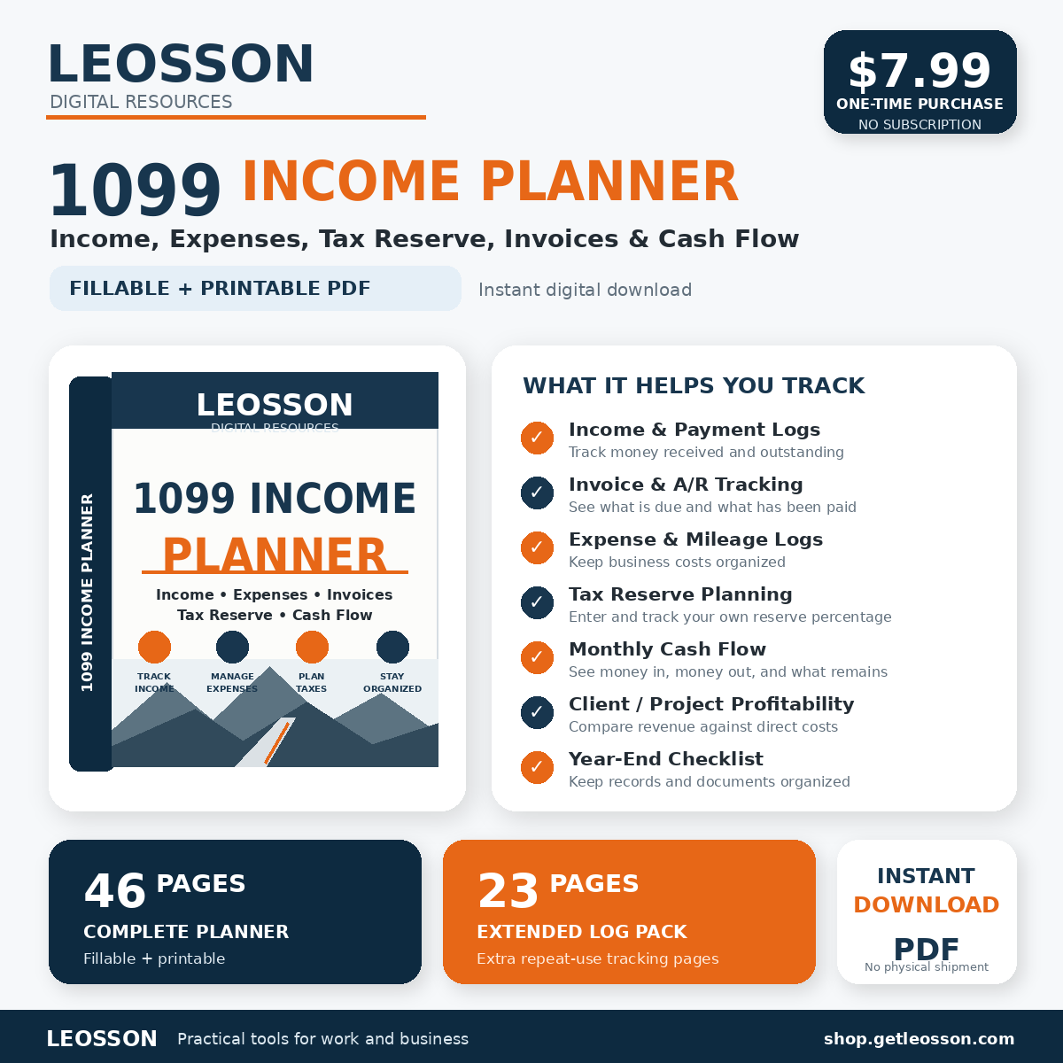 LEOSSON 1099 Income Planner - 46-page fillable planner plus 23-page extended log pack