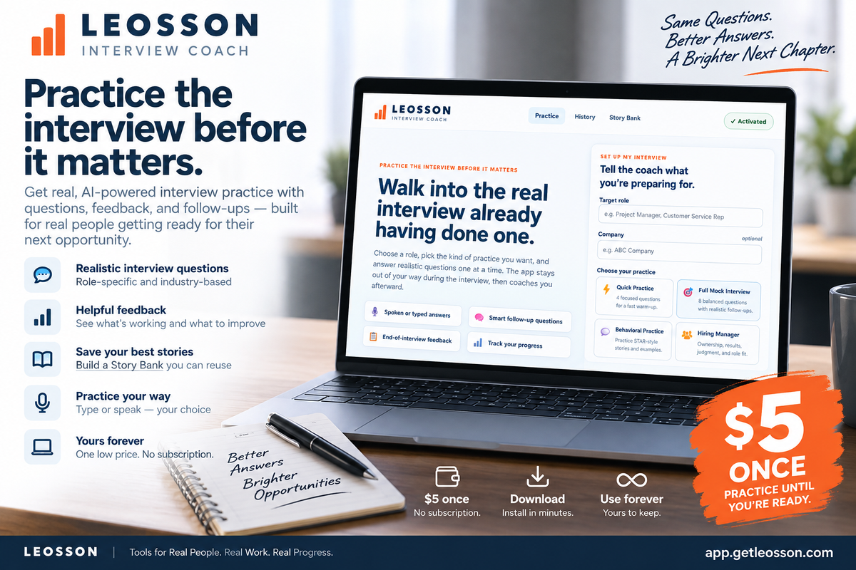 LEOSSON Interview Coach - $5 once, no subscription, interview practice for job seekers
