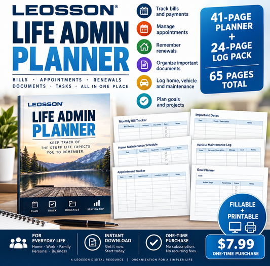 LEOSSON Life Admin Planner - 41-page planner plus 24-page extended log pack, 65 pages total